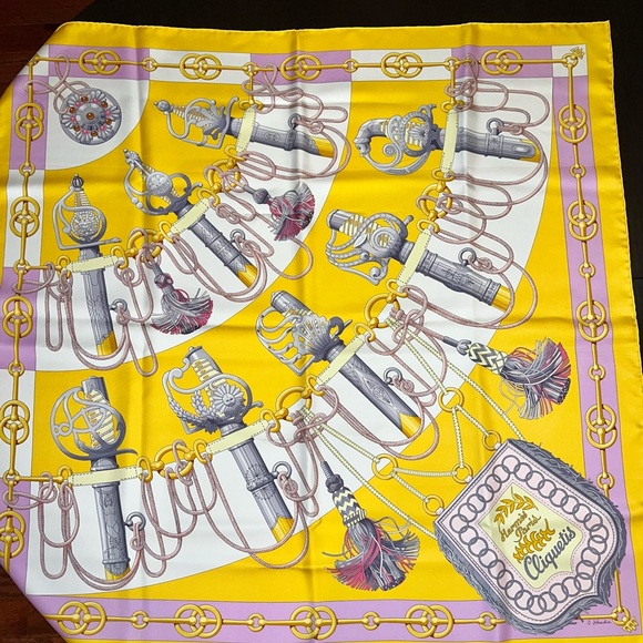 SOLD!! Hermès CLIQUETIS SCARF in Jaune Soleil / Parme / Gris Acier - Picture 5 of 10